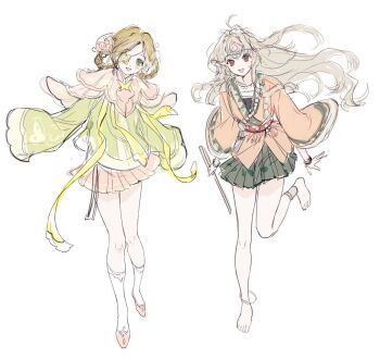 2girls :d aima_(reverse:1999) alternate_costume anklet barefoot bracelet braid braided_hair_rings brown_hair eyepatch flute full_body green_eyes green_shirt green_skirt grey_hair hair_ornament hair_rings hairband holding holding_flute holding_instrument instrument jewelry lalang leg_up looking_at_viewer miniskirt multiple_girls official_alternate_costume one_eye_covered open_mouth pink_hairband pink_shirt pink_shoes pink_skirt pleated_skirt red_eyes reverse:1999 rubuska shirt shoes sketch skirt sleeves_past_fingers sleeves_past_wrists smile socks standing standing_on_one_leg white_background white_socks