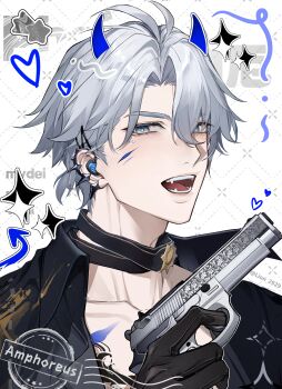 1boy absurdres beretta_92 black_choker black_gloves black_shirt blue_eyes choker ear_piercing earrings fake_horns fangs gloves grey_hair gun hair_between_eyes handgun highres holding holding_gun holding_weapon honkai:_star_rail honkai_(series) horns jewelry lion_2929 male_focus open_clothes open_mouth open_shirt phainon_(honkai:_star_rail) piercing shirt short_hair solo weapon