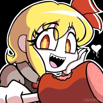 1girl black_background black_vest blonde_hair bow collared_shirt food hand_on_own_cheek hand_on_own_face heart holding holding_food meat open_mouth orange_eyes outline quarium red_bow rumia sharp_teeth shirt short_hair simple_background solo teeth touhou twitter_username vest watermark white_outline white_shirt