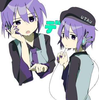 1girl beret black_sleeves closed_mouth expressionless hair_between_eyes hat hat_writing headphones highres multiple_views necktie open_mouth purple_eyes purple_hair purple_nails purple_necktie short_hair simple_background sketch solo two-tone_sleeves utane_uta utau uuuuua07 white_background wire