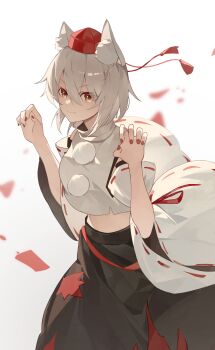 Rule 34 | 1girl, absurdres, animal ear fluff, animal ears, black skirt, breasts, chinese commentary, claw pose, closed mouth, commentary request, detached sleeves, grey background, hat, highres, inubashiri momiji, kenkxx, leaf print, looking at viewer, maple leaf print, medium breasts, midriff, print skirt, red hat, red nails, short hair, skirt, smile, solo, tokin hat, touhou, wolf ears, wolf girl, yellow eyes