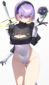 1girl 2b_(nier:automata) 2b_(nier:automata)_(cosplay) absurdres alternate_costume black_gloves black_hairband blonde_hair breasts cleavage cleavage_cutout clothing_cutout cosplay covered_navel cowboy_shot gloves gluteal_fold hairband hand_up hashtag-only_commentary highleg highleg_leotard highres hololive hololive_indonesia juliet_sleeves large_breasts leotard long_sleeves moona_hoshinova nier:automata nier_(series) puffy_sleeves purple_eyes purple_hair sasa_ku86 shirt short_hair simple_background smile solo standing thigh_gap thighs virtual_youtuber virtuous_contract weapon weapon_on_back white_leotard white_shirt