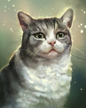 :3 animal animal_focus cat commentary english_commentary green_eyes grey_cat highres jellie_(hermitcraft) light_particles looking_at_viewer minecraft_youtube painterly portrait real_life realistic sabira_langevin solo tabby_cat whiskers