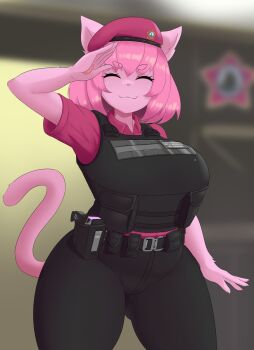 1girl animal_ears belt beret black_belt black_pants black_vest blurry blurry_background breasts cat_ears cat_girl cat_tail claire_(lilith's_throne) closed_eyes collared_shirt commentary english_commentary furry furry_female hat highres holster kt80at lilith's_throne pants pink_fur pink_hair pink_shirt police police_uniform pouch salute shirt smile solo tail utility_belt vest