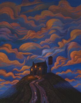 bird chimney cloud francisco_fonseca highres hill house no_humans original outdoors path road scenery smoke water_tower window_light