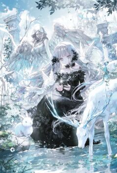 1girl absurdres bird black_choker black_dress black_flower blue_eyes blue_sky blunt_bangs castle choker cloud cloudy_sky collarbone day deer dove dress flower flower_choker hair_flower hair_ornament highres liver_city long_dress long_hair long_sleeves looking_at_viewer off-shoulder_dress off_shoulder onineko outdoors pale_skin parted_lips pillar rabbit sitting sky solo sparkle statue very_long_hair water water_drop white_hair