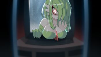 1girl alternate_breast_size bags_under_eyes bare_shoulders blurry blurry_foreground breasts cleavage closed_mouth collarbone colored_skin constricted_pupils crt dress drunkoak female_focus gardevoir gen_3_pokemon glowing glowing_eyes green_dress green_hair hair_over_one_eye highres large_breasts long_hair looking_at_viewer nintendo off-shoulder_dress off_shoulder one_eye_covered pokemon pokemon_(creature) red_eyes sidelocks skindentation solo static television the_ring through_medium through_screen upper_body white_skin