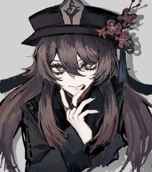 1girl 4nnzz apllo3nn black_nails chinese_clothes flower flower-shaped_pupils genshin_impact hands_on_own_face hat hat_flower hat_tassel highres hu_tao_(genshin_impact) jewelry multiple_rings porkpie_hat ring symbol-shaped_pupils upper_body