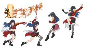 1girl black_hair cropped_jacket elbow_gloves fingerless_gloves fire gameplay_mechanics gloves highres kusanagi_kyou long_hair love_live! love_live!_nijigasaki_high_school_idol_club open_mouth parody pyrokinesis shorts single_bare_shoulder single_elbow_glove single_glove single_thighhigh solo taiyakippassion the_king_of_fighters thighhighs yuki_setsuna