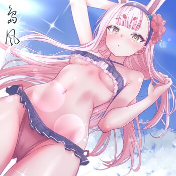 1girl animal_ears arbiter1 arm_behind_head azur_lane bikini bikini_skirt black_bikini black_hairband blush breasts flower frilled_bikini frills hair_flower hair_ornament hairband highres long_hair looking_at_viewer navel official_alternate_costume outdoors rabbit_ears rabbit_girl ruffle_bikini sand_bucket shimakaze_(azur_lane) shimakaze_(the_island_wind_rests)_(azur_lane) small_breasts solo stomach swimsuit underboob very_long_hair white_hair