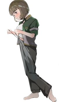 1girl absurdres barefoot blush bob_cut breasts brown_hair collared_jacket commentary_request drawstring drawstring_pull full_body green_jacket grey_pants highres holding inverted_bob jacket kachimachi_kosuzu kachimachi_kosuzu_(winter_training_wear) llb love_live! love_live!_hasu_no_sora_jogakuin_school_idol_club medium_breasts midriff_peek open_clothes open_jacket pants pink_eyes shirt short_hair simple_background sleeves_pushed_up solo sweatdrop virtual_youtuber white_background white_shirt