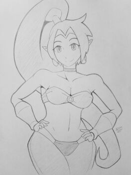 Rule 34 | 1girl, artist name, breasts, cleavage, hands on own hips, highres, large breasts, legs, long hair, looking at viewer, midriff, monochrome, navel, o-ring, o-ring top, pants, pointy ears, ponytail, shantae, shantae (series), smile, solo, thighs, traditional media, very long hair