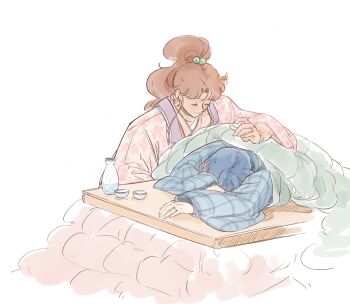 2girls bishoujo_senshi_sailor_moon blue_hair bottle brown_hair choko_(cup) closed_eyes cup hair_bobbles hair_ornament highres japanese_clothes jewelry kimono kino_makoto kotatsu long_hair mercuri0ff mizuno_ami multiple_girls ponytail ring sake_bottle simple_background sleeping table wedding_ring white_background wife_and_wife yuri