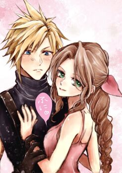 Rule 34 | 1boy, 1girl, aerith gainsborough, artist collaboration, blonde hair, blue eyes, blush, braid, braided ponytail, brown gloves, brown hair, cloud strife, commentary request, couple, dress, final fantasy, final fantasy vii, gloves, green eyes, hair between eyes, hair ribbon, hand on another's chest, hetero, highres, holding another's wrist, long hair, looking at another, parted bangs, pink background, pink dress, pink ribbon, ribbon, short hair, sidelocks, single braid, sleeveless, sleeveless dress, sleeveless turtleneck, spiked hair, suspenders, turtleneck, yco 030601