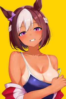 1girl absurdres blue_one-piece_swimsuit blush bow braid breasts brown_hair cleavage competition_school_swimsuit dark_skin ear_bow grin hair_between_eyes half_up_braid highres horse_girl jacket jacket_partially_removed looking_at_viewer medium_breasts midori_(user_uctn2277) multicolored_hair one-piece_swimsuit purple_bow purple_eyes school_swimsuit simple_background smile solo special_week_(umamusume) streaked_hair swimsuit tan tanline tracen_swimsuit track_jacket umamusume white_hair yellow_background
