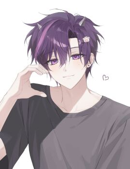 Rule 34 | 1boy, animal hands, black shirt, commentary request, earrings, hair between eyes, half-heart hands, heart, highres, horns, j168000, jewelry, korean commentary, male focus, mole, mole on cheek, multicolored hair, oto rainy, paw hair ornament, purple eyes, purple hair, shirt, skoshism, solo, streaked hair, stud earrings, t-shirt, white background