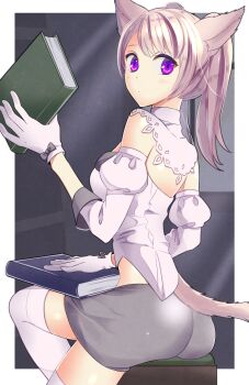 Rule 34 | 6 (roku), animal ears, book, cat ears, cat tail, final fantasy, final fantasy xiv, highres, miqo'te, purple eyes, purple hair, skirt, tail, thighhighs