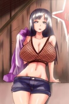 1girl alternate_costume black_hair breasts cleavage evil-dei female_focus fishnets highres hood hoodie huge_breasts hyuuga_hinata large_breasts long_hair looking_at_viewer naruto:_road_to_ninja naruto_(classic) naruto_(series) naruto_shippuuden navel purple_eyes short_shorts shorts solo