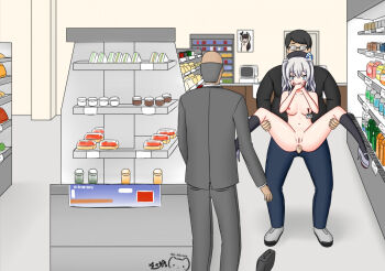 1girl 2boys anal artist_logo artist_name balding beret black_hair black_hat black_shirt black_socks blue_eyes blue_pants blurry blush breasts cash_register cashier caught censored chinese_commentary cleft_of_venus clothed_male_nude_female commentary completely_nude constricted_pupils convenience_store counter covering_own_mouth depth_of_field double-parted_bangs dropping english_commentary exhibitionism fat formal_clothes furrowed_brow glasses grey_hair grey_suit hair_between_eyes hat hat_ribbon high_heels id_card indoors kantai_collection kashima_(kancolle) kashima_(lawson)_(kancolle) kneehighs lawson legs_up lifted_from_behind lifting_person logo long_sidelocks medium_breasts mixed-language_commentary mosaic_censoring multilingual_commentary multiple_boys nail_polish navel nipple_clamps nipples nude old old_man open_fly original pants pink_nails ppshex public_indecency pussy reverse_suspended_congress ribbon sex sex_from_behind shelf shirt shop sidelocks signature smile socks spread_legs store_clerk story_in_commentary suit twintails unzipped wide-eyed
