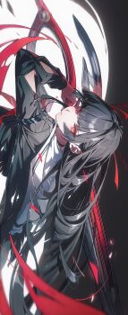 1girl absurdres black_hair black_shirt chinese_commentary chisa_(wuthering_waves) commentary_request floating_hair hair_spread_out highres hime_cut holding holding_sword holding_weapon kago_(wall_io) long_hair long_sleeves looking_at_viewer looking_to_the_side red_eyes sailor_collar school_uniform serafuku shirt sideways solo sword upper_body very_long_hair weapon white_sailor_collar wuthering_waves