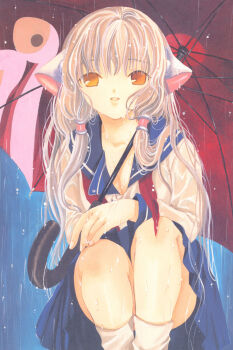 00s 1girl breasts chii chobits clamp cleavage female_focus hair_tubes highres long_hair long_sleeves neck_ribbon neckerchief orange_eyes parted_lips rain ribbon robot_ears scan school_uniform serafuku shirt skirt smile socks solo squatting stuffed_animal stuffed_toy umbrella undone undone_neck_ribbon wet wet_clothes wet_hair wet_shirt