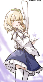 1girl ;p absurdres alternate_costume artist_name blonde_hair blue_skirt commentary_request cosplay dated detached_sleeves frilled_skirt frills frog_hair_ornament gohei hair_ornament hair_ribbon highres holding holding_gohei kochiya_sanae kochiya_sanae_(cosplay) moriya_suwako one-hour_drawing_challenge one_eye_closed red_ribbon ribbon skirt solo thighhighs tongue tongue_out touhou ve1024 white_thighhighs yellow_eyes