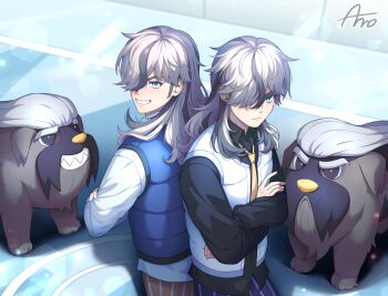 2boys amo_(bbamo_bbm) arven_(pokemon) back-to-back black_shirt blue_vest brown_hair closed_mouth commentary_request crossed_arms green_eyes grin hair_over_one_eye long_hair mabosstiff male_focus multiple_boys necktie nintendo official_alternate_color open_clothes open_vest orange_pants pants pokemon pokemon_(creature) pokemon_masters_ex pokemon_sv shirt signature smile teeth vest white_shirt white_vest yellow_necktie