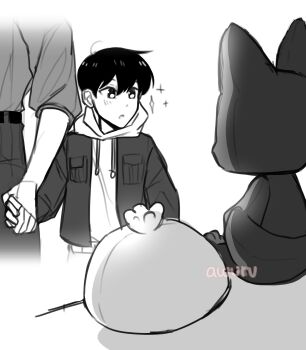 2boys absurdres areuwuu black_hair child highres holding_hands hood hood_down hoodie jacket lee_hakhyun male_focus multiple_boys omniscient_reader&#039;s_viewpoint original short_hair sparkle sparkling_eyes stuffed_toy upper_body