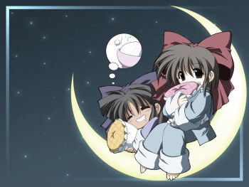 Rule 34 | 2girls, = =, barefoot, black hair, blue pajamas, bow, bowl, brown hair, closed eyes, commentary, crescent moon, deformed, dreaming, drooling, f20 (funimaru), hair bow, holding, holding pillow, long hair, moon, mouth drool, multiple girls, murasaki nakoruru, on crescent, open mouth, pajamas, pillow, purple pajamas, red bow, rice, rice bowl, rimururu, samurai spirits, short hair, sitting, speech bubble, star (sky), steam, thought bubble