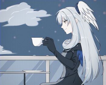 1girl black_dress black_sleeves closed_mouth commentary cup curly_hair dress english_commentary from_side grey_hair head_wings highres holding holding_cup long_hair looking_ahead melia_antiqua outdoors pax_(seo7h) plate sitting smile solo table teacup wings xenoblade_chronicles_(series) xenoblade_chronicles_3