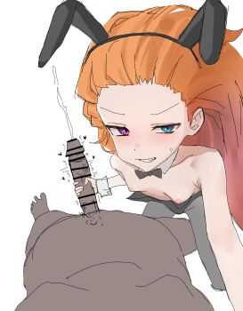 1boy 1girl absurdres age_difference all_fours alternate_costume animal_ears bar_censor bare_shoulders black_bow black_bowtie black_leotard bow bowtie breasts censored collar collarbone cum dark-skinned_male dark_skin detached_collar dot_nose ejaculation fake_animal_ears feet_out_of_frame femdom from_above grey_pantyhose grin handjob hetero heterochromia highres interracial league_of_legends leotard loli lolidom long_hair looking_at_viewer looking_up mesugaki naughty_face nipples orange_hair pantyhose penis playboy_bunny pov pov_crotch purple_eyes rabbit_ears simple_background sketch small_breasts smile smug solo_focus strapless strapless_leotard teeth underscore_(pixiv67545180) variant_set very_long_hair white_background white_collar zoe_(league_of_legends)