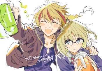 Rule 34 | 1boy, 1girl, :d, ^ ^, arm around shoulder, beer mug, blonde hair, blue eyes, blue shirt, blush, braid, brown jacket, closed eyes, commentary request, cup, fate/strange fake, fate (series), glasses, hand on another's shoulder, highres, holding, holding cup, jacket, medium hair, mug, multicolored hair, open mouth, richard i (fate), sajou ayaka (fate/strange fake), shirt, simple background, smile, smirk, streaked hair, toramaru (696anna), white background