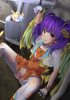 Rule 34 | 1girl, absurdres, alternate costume, arm support, arm up, bdsm, blue legwear, blunt bangs, bondage, bound, bow, bow legwear, broken, broken weapon, capelet, captured, censored, coattails, collarbone, crystal, cuffs, dark, defeat, dirty, dirty clothes, dirty face, dragon girl, dragon wings, dress, dutch angle, feet out of frame, female focus, fire emblem, fire emblem: the sacred stones, fire emblem heroes, flat chest, floral print, flower, from above, gem, gloves, green wings, hair flower, hair ornament, hair tie, handcuffs, high-waist skirt, highres, huge filesize, imminent rape, lapels, long hair, looking at viewer, magical girl, miniskirt, momoisaki, mosaic censoring, multi-tied hair, multicolored legwear, myrrh (fire emblem), nintendo, official alternate costume, on floor, orange bow, orange dress, pale skin, pantyhose, parted lips, polka dot, public indecency, public restroom, purple hair, pussy, red eyes, restrained, ribbon, scared, see-through clothes, shirt, short dress, sideways glance, skirt, sleeveless, solo, spread legs, stone, sunflower, tailcoat, tile floor, tiles, torn clothes, torn gloves, torn pantyhose, torn shirt, torn skirt, twintails, two-sided fabric, urinal, vest, wand, weapon, white gloves, white pantyhose, wings, worried, wounds, yellow vest, yellow wings