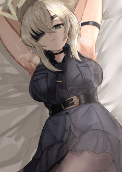 1girl absurdres arm_strap armpits bare_shoulders bed_sheet belt belt_buckle black_gloves blonde_hair blue_archive breasts buckle choker commentary_request eyepatch gloves green_eyes halo hat highres large_breasts lying matudo_yuu medium_hair on_back on_bed shirt sleeveless sleeveless_shirt solo suou_(blue_archive)