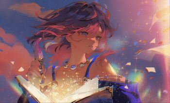 1girl artist_name bare_shoulders blue_eyes book coat cyrene_(aedes_elysiae)_(honkai:_star_rail) cyrene_(honkai:_star_rail) highres holding holding_quill honkai:_star_rail honkai_(series) jewelry necklace omces96 open_book outdoors pink_hair purple_coat purple_sky quill short_hair sky solo upper_body