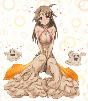 1girl abs aht_(kamidori) aht_(kamidori_alchemy_meister) bare_shoulders black_panties blush breasts breasts_squeezed_together brown_eyes brown_hair cameltoe chigusa cleavage closed_mouth collarbone dark-skinned_female dark_skin earth_elemental elemental_(creature) female_focus full_body hair_flaps halterneck head_tilt heart hollow_eyes kamidori_alchemy_meister large_breasts long_hair looking_at_viewer matching_hair/eyes monster_girl mud navel o-ring o-ring_top panties revealing_clothes slime_girl smile solo underwear v_arms white_background