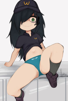 1girl @_@ bags_under_eyes black_hair black_hat blue_panties cameltoe cardcaptor_sakura clothes_lift female_focus female_pubic_hair flat_chest green_eyes green_socks hat hatsu_(hatsumiilkshake) headset highres kuroki_tomoko loli looking_at_viewer midriff navel nervous_smile panties pubic_hair shirt_lift sitting sitting_on_object smile socks solo spread_legs star_(symbol) stomach underwear wand watashi_ga_motenai_no_wa_dou_kangaetemo_omaera_ga_warui! wcdonald&#039;s