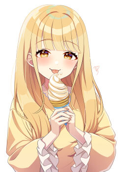 Rule 34 | 1girl, blonde hair, blunt bangs, blush, commentary request, fingernails, frilled sleeves, frills, fujita kotone, gakuen idolmaster, ice cream cone, idolmaster, licking food, long hair, looking at viewer, sakura ran, shirt, signature, smile, solo, straight hair, upper body, yellow eyes, yellow shirt