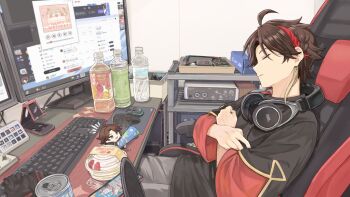 1boy ahoge black_shirt bottle brown_hair can cellphone chair closed_eyes computer_keyboard computer_mouse crossed_arms figure food gaming_chair grey_pants headphones headphones_around_neck highres indoors male_focus monitor multicolored_hair nijisanji pants phone saegusa_akina shirt short_hair sitting sleeping smartphone solo swivel_chair virtual_youtuber wanwanodynamic water_bottle