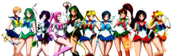 5girls absurdres aged_up aino_minako arm_up back_bow bishoujo_senshi_sailor_moon bishoujo_senshi_sailor_moon_(first_season) black_choker black_hair black_sailor_collar black_skirt blonde_hair blue_bow blue_bowtie blue_choker blue_eyes blue_hair blue_sailor_collar blue_skirt blunt_bangs boots bow bowtie breasts brooch brown_hair cameltoe chain chibi_usa choker circlet cleavage closed_mouth collarbone commentary commentary_request cone_hair_bun cowboy_shot crescent crescent_choker crescent_earrings deep_aqua_mirror double_bun earrings elbow_gloves electricity electrokinesis fire garnet_rod glint gloves gluteal_fold green_choker green_eyes green_hair green_sailor_collar green_skirt grimbyslayer hair_bobbles hair_bow hair_bun hair_ornament half_updo hand_mirror hand_on_own_chest hand_on_own_hip hand_up happy heart heart_brooch high_heel_boots high_heels highres hino_rei holding holding_chain holding_mirror holding_ofuda holding_staff holding_sword holding_wand holding_weapon jewelry kaiou_michiru kino_makoto knee_boots leg_up leotard leotard_peek light_smile lips lipstick long_hair looking_at_another looking_at_viewer maboroshi_no_ginzuishou magical_girl makeup medium_breasts meiou_setsuna miniskirt mirror mizuno_ami moon_stick_(sailor_moon) multiple_girls neptune_symbol ofuda open_mouth orange_choker orange_sailor_collar orange_skirt parted_bangs parted_lips pink_boots pink_bow pink_bowtie pink_choker pink_hair pink_sailor_collar pink_skirt pleated_skirt pointing pointing_up ponytail purple_boots purple_bow purple_eyes purple_hair purple_sailor_collar purple_skirt red_bow red_bowtie red_choker red_eyes red_lips red_sailor_collar red_skirt sailor_chibi_moon sailor_collar sailor_jupiter sailor_mars sailor_mercury sailor_moon sailor_neptune sailor_pluto sailor_saturn sailor_senshi sailor_senshi_uniform sailor_uranus sailor_venus short_hair silence_glaive simple_background single_hair_bun skirt smile space_sword staff standing star_(symbol) star_earrings sword ten&#039;ou_haruka thick_thighs thigh_gap thighs tiara tomoe_hotaru transformation_brooch_(sailor_moon) transparent_background tsukino_usagi twintails v venus_love_me_chain very_long_hair very_short_hair wand water wavy_hair weapon white_background white_gloves white_leotard yellow_bow yellow_bowtie