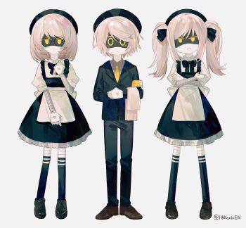 1boy 2girls android armband asymmetrical_eyelashes black_hairband black_jacket bow face_filter formal_clothes grey_hair grey_tongue hairband highres hokky_oku horizontal-striped_socks humanoid_robot j_(murder_drones) jacket joints long_hair looking_at_viewer maid mecha mechanical_arms multiple_girls murder_drones n_(murder_drones) orange_armband robot robot_girl robot_joints short-sleeved_jacket short_hair short_sleeves simple_background skirt skirt_suit suit symbol-shaped_eyes tuxedo_shirt twintails undershirt v_(murder_drones) white_hair yellow_armband yellow_eyes