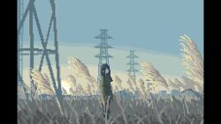 1girl animated black_hair coat kanashino looping_animation original pixel_art standing tagme transmission_tower video