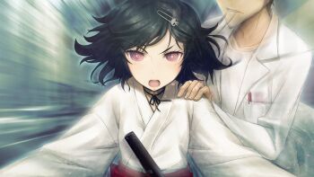 2boys adam's_apple beard_stubble black_hair blush bob_cut bokken breast_pocket brown_pants chihaya_(clothing) choker coat collarbone eyes_out_of_frame facial_hair fingernails floating_hair game_cg hair_ornament hairclip hakama hakama_skirt hand_on_another's_shoulder head_out_of_frame highres huke incoming_attack japanese_clothes kosode lab_coat lapels long_sleeves looking_at_viewer messy_hair miko motion_blur motion_lines multiple_boys non-web_source notched_lapels object_in_pocket official_art okabe_rintarou open_mouth pants pen_in_pocket pink_eyes pink_lips pocket red_hakama red_sash ribbon_choker ribbon_trim ringed_eyes sash science_adventure sheath sheathed shirt shouting skirt skull_hair_ornament square_pupils steins;gate steins;gate:_my_darling's_embrace stubble sword t-shirt talking tongue trap urushibara_luka v-shaped_eyebrows waist_sash weapon white_coat white_shirt wide_sleeves wooden_sword
