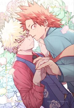 2boys artist_name bakugou_katsuki black_shirt boku_no_hero_academia closed_mouth collared_shirt commentary_request face-to-face highres holding_hands interlocked_fingers jacket kirishima_eijiro looking_at_viewer male_focus multiple_boys necktie petals red_eyes red_hair red_necktie red_shirt shirt short_hair simple_background spiked_hair suit_jacket tsukota vest waistcoat white_background yaoi
