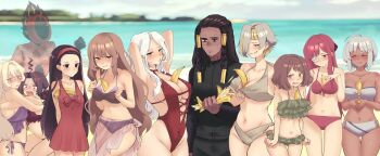 1other 6+girls aeng-du_(project_moon) ahoge armpits aya_(project_moon) banana bangohan_tsubuyakitarou bare_arms bare_hips bare_legs bare_shoulders beach bikini black_eyes black_hair blush breasts brown_eyes casual_one-piece_swimsuit catherine_(project_moon) closed_eyes dante_(limbus_company) dark-skinned_female dark_skin diving_suit dulcinea_(project_moon) earrings embarrassed expressionless feet_out_of_frame food frilled_bikini frills front-tie_bikini_top front-tie_top fruit grey_bikini hair_ornament hairband hawaiian_shirt highres hug jewelry knees_out_of_frame kromer_(project_moon) large_breasts limbus_company long_hair medium_breasts medium_hair mother_and_daughter multi-strapped_swimsuit multicolored_hair multiple_expressions multiple_girls navel nervous_smile nicolina_(project_moon) ocean one-piece_swimsuit open_mouth project_moon purple_bikini red_bikini red_eyes red_one-piece_swimsuit sarong scared seductive_smile see-through_clothes shiny_skin shirt short_hair shrenne_(project_moon) side-tie_bikini_bottom small_breasts smee_(project_moon) smile swimsuit tall_female tearing_up teeth thighs white_hair yuri_(project_moon)