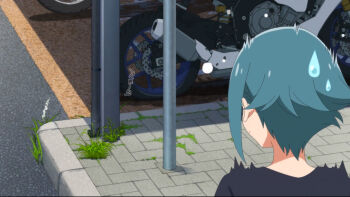 Rule 34 | 1girl, 20s, flat tire, highres, komada kako, mono (anime), motor vehicle, motorcycle, parking lot, tomboy