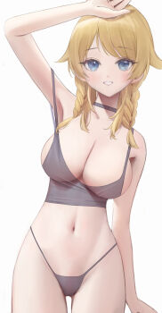 1girl anouetto arm_on_own_head arm_up armpits blonde_hair blue_eyes braid breasts camisole choker cleavage cowboy_shot hachimiya_meguru hair_flaps highleg highleg_panties highres idolmaster idolmaster_shiny_colors large_breasts looking_at_viewer navel panties pink_camisole pink_choker pink_panties smile solo strap_slip twin_braids underwear white_background