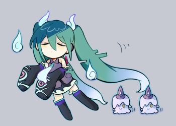 1girl absurdly_long_hair aqua_necktie bare_shoulders black_boots black_skirt black_sleeves blue_outline boots character_request chibi chibi_only closed_eyes closed_mouth collared_shirt detached_sleeves dot_mouth dot_nose double-parted_bangs gen_5_pokemon ghost_miku_(project_voltage) gongs0313 gradient_hair green_hair grey_background hair_between_eyes hatsune_miku litwick long_hair long_sleeves miniskirt multicolored_hair necktie nintendo outline pokemon pokemon_(creature) project_voltage purple_shirt purple_trim shirt simple_background skirt sleeveless sleeveless_shirt sleeves_past_fingers sleeves_past_wrists solo_focus standing standing_on_one_leg thigh_boots thighhighs twintails two-tone_hair u_u very_long_hair vocaloid zettai_ryouiki