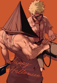 2boys bakugou_katsuki blonde_hair blood blood_on_clothes boku_no_hero_academia collared_shirt commentary cosplay donnaoneone from_behind great_knife happy_halloween helmet highres holding holding_leash holding_weapon kirishima_eijirou kneeling leash looking_at_viewer male_focus multiple_boys muzzle official_alternate_costume open_clothes open_mouth open_shirt orange_background pyramid_head pyramid_head_(cosplay) red_hair sanpaku shirt short_hair short_sleeves shorts simple_background symbol-only_commentary toned toned_male v-shaped_eyebrows weapon white_shirt