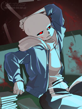 1boy alternate_universe arm_behind_head arm_up black_pants blood blood_on_cheek blood_on_face blue_eyes blue_jacket book clenched_teeth commentary_request couch cowboy_shot drawstring dusttale film_grain highres hood hood_down indoors jacket long_sleeves looking_down male_focus multicolored_eyes on_couch open_clothes open_jacket pants puffy_long_sleeves puffy_sleeves r_5140 red_eyes sans_(undertale) screen_light sidelighting single_vertical_stripe sitting skeleton solo sweater teeth turtleneck turtleneck_sweater two-tone_eyes undertale utdr_(toby_fox) white_hood white_sweater